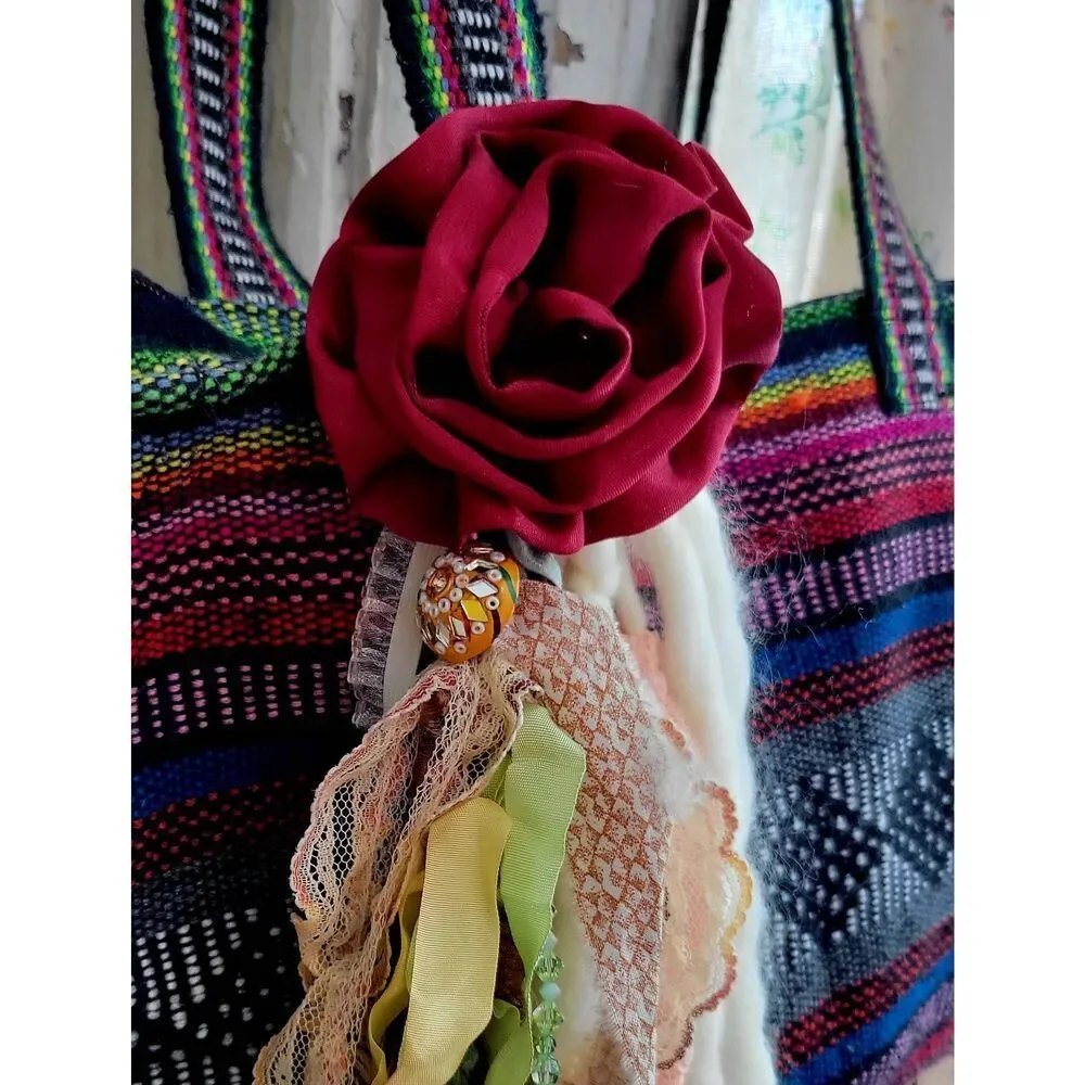 Unique embellished boho hippy purse vibrant colors and lace strands
